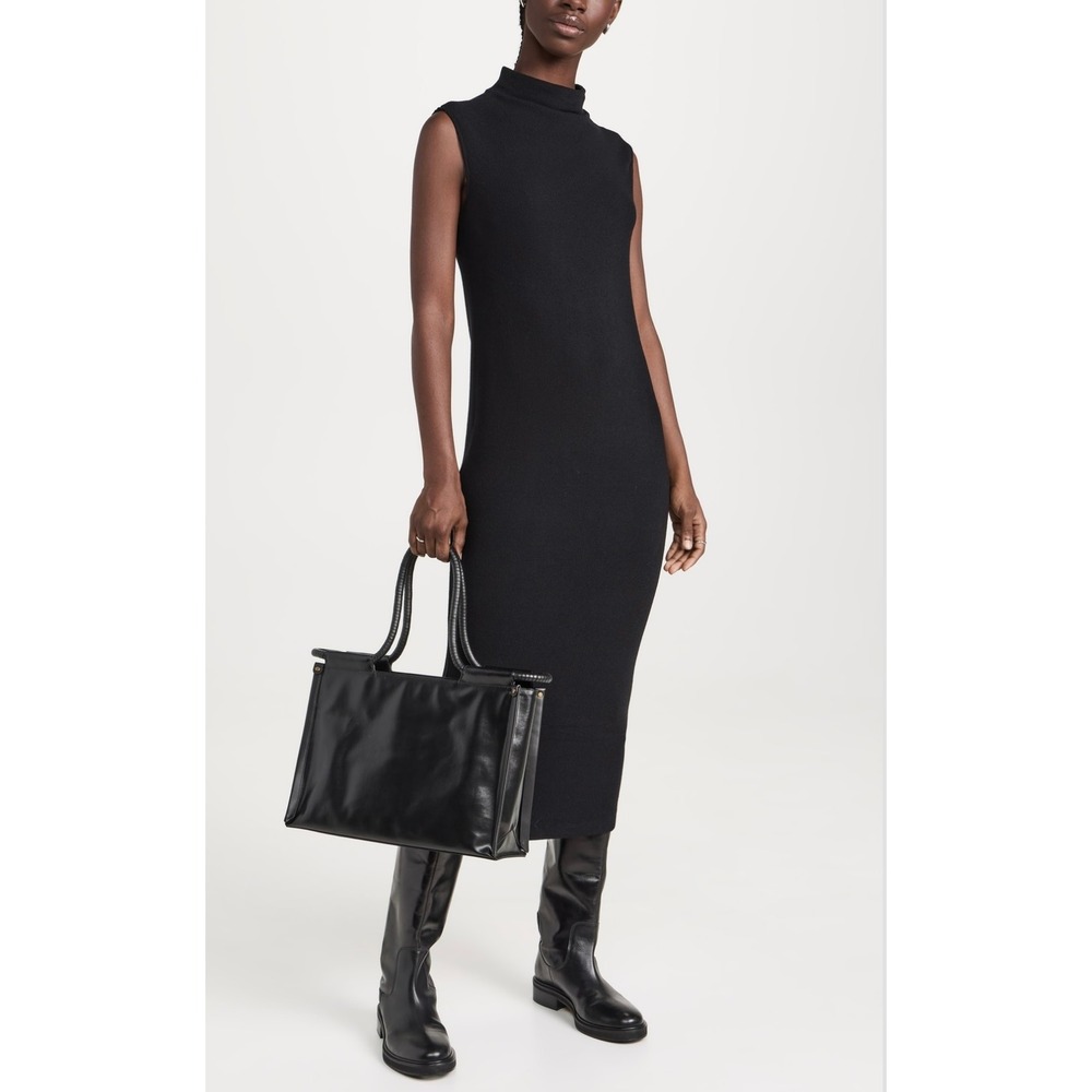 ENZA COSTA Sleeveless Knit Turtleneck Dress Womens Small Black Sweater Rib Midi